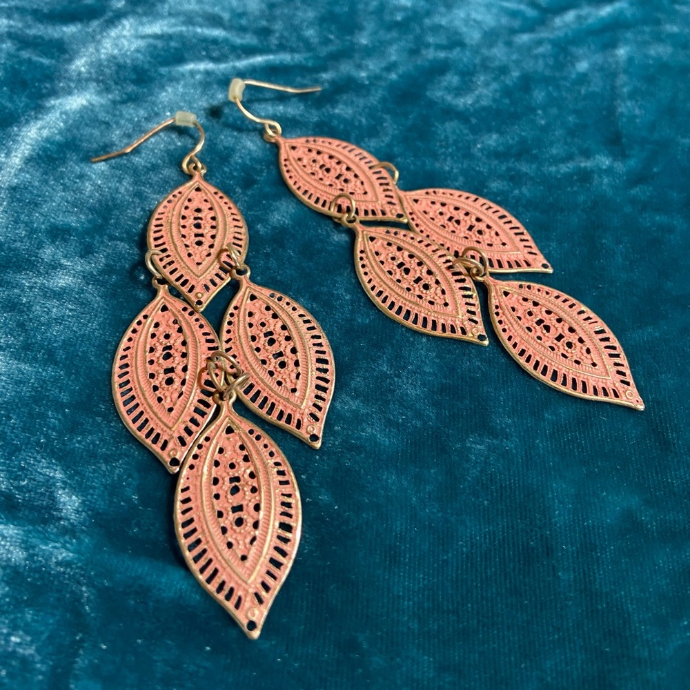 Gold & pink leaf earrings
